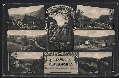 AK Stadtroda, Partien im Zeitzgrund mit Eisenbahn, Papiermühle, Janismühle