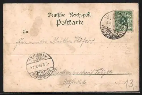 Lithographie Schmiedefeld / Schleusingen, Gasthof Stutenhaus, Thurm auf dem Adlersberg