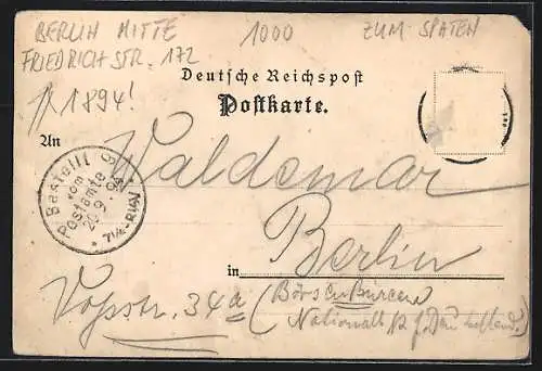 Lithographie Berlin, Gasthaus zum Spaten, Friedrichstrasse 172, datiert 1894