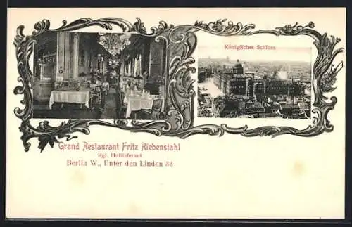 AK Berlin, Grand Restaurant F. Riebenstahl, Unter den Linden 38, Innenansicht, Königliches Schloss aus der Vogelschau