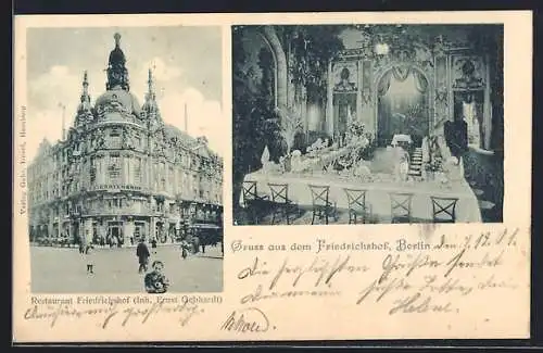 AK Berlin, Restaurant Friedrichshof E. Gebhardt, Aussen- und Innenansicht, Friedrichstrasse