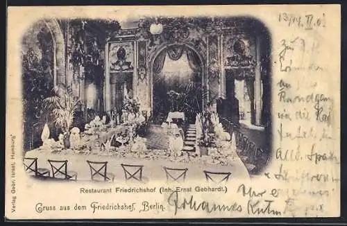 AK Berlin, Restaurant Friedrichshof E. Gebhardt, Innenansicht, Friedrichstrasse Ecke Kochstrasse
