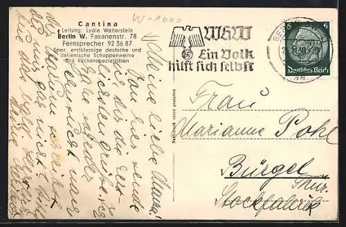 AK Berlin-Charlottenburg, Gaststätte Cantina L. Walterstein, Fasanenstr. 78, Innenansicht