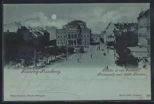 Mondschein-AK Pressburg, Promenade und städt. Theater
