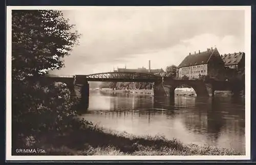 AK Grimma i. Sa., Uferpartie mit Brücke
