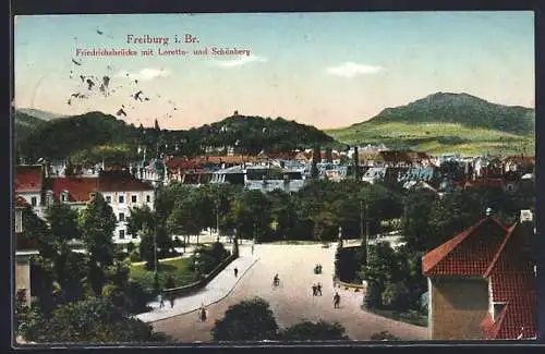 AK Freiburg i. Br., Friedrichsbrücke mit Loretto- und Schönberg
