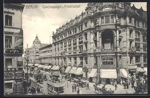 AK Berlin, Leipzigerstrasse Ecke Friedrichstrasse, Strassenbahn, Cafe Kerkau