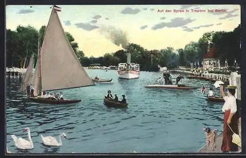 AK Berlin-Treptow, Dampfer und Segelboot auf der Spree