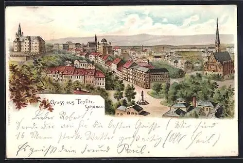 Lithographie Teplitz Schönau / Teplice, Ortsansicht