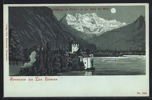 Mondschein-Lithographie Chillon /Lac Léman, Le Chateau et La Dent du Midi