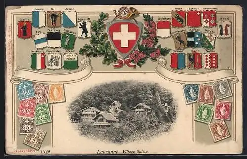 Passepartout-Präge-AK Lausanne, Villa Suisse, Brifmarken u. Wappen