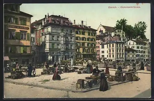 AK Zürich, Gemüsebrücke, Marktplatz mit Hotel de l'Epee