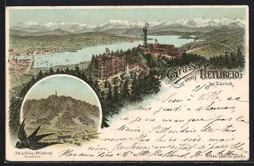 Lithographie Uetliberg, Panorama mit Eisenbahn und Schwalbe
