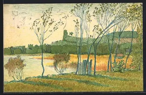 Künstler-AK Feldbach, Abenddämmerung am See