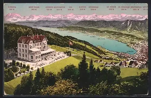 AK Zürich, Alkoholfreies Kurhaus auf dem Zürichberg, Alpenpanorama