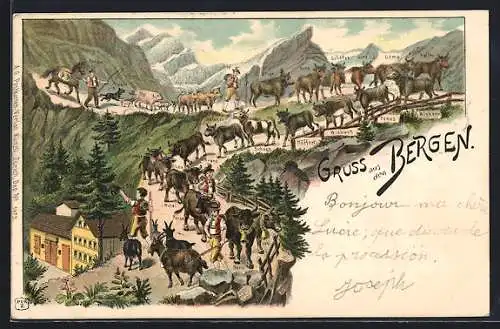 Lithographie Alpfahrt, Abtrieb von Rindern verschiedener Rassen