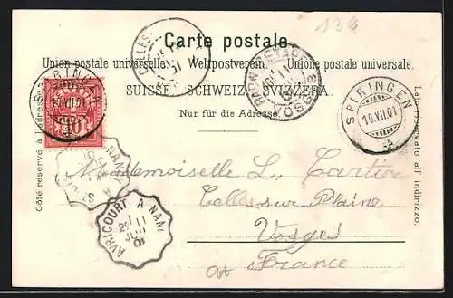 Lithographie Alpfahrt, Abtrieb von Rindern verschiedener Rassen