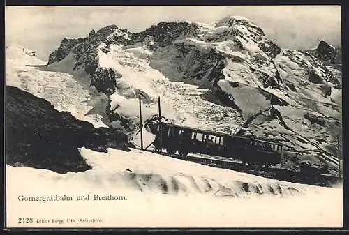 AK Gornergratbahn und Breithorn, Schweizer Bergbahn