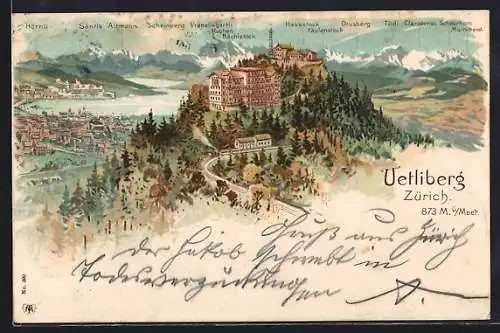 Lithographie Zürich, Uetliberg mit Hotels und Panoramablick auf die Stadt