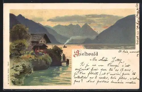 Lithographie Iseltwald, Partie am Brienzersee