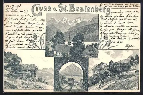 Künstler-AK St. Beatenberg, verschiedene Ansichten, Kirche mit Bergpanorama, Bahn vor einem Tunnel