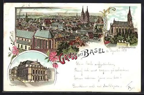 Lithographie Basel, Teilansicht, St. Elisabethenkirche, Theater