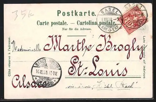 Lithographie Basel, Teilansicht, St. Elisabethenkirche, Theater