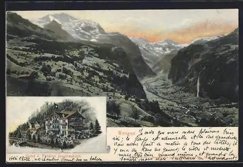 AK Wengen, Hotel und Pension Jungfraublick und Panorama vom Tal