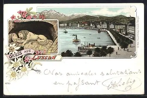 Lithographie Luzern, Teilansicht mit Promenade, Löwendenkmal