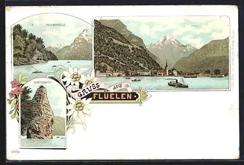 Lithographie Fluelen, Schillerstein, Tellskapelle und Gesamtansicht