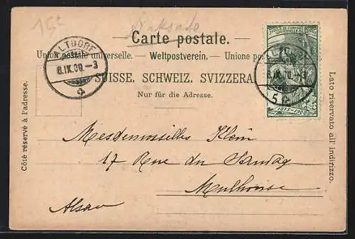 Lithographie Fluelen, Schillerstein, Tellskapelle und Gesamtansicht