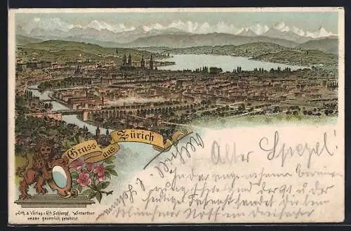 Vorläufer-Lithographie Zürich, 1895, Totalansicht gegen die Berge