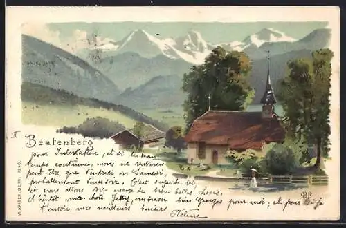 Lithographie Beatenberg, Partie an der Dorfkirche