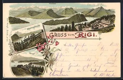 Lithographie Rigi, Schnurtobelbrücke, Känzeli, Kaltbad