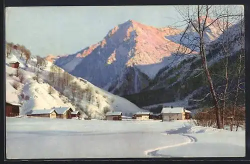 Künstler-AK Photochromie Nr. 3567: Dorf im Winterkleid mit Bergmassiv