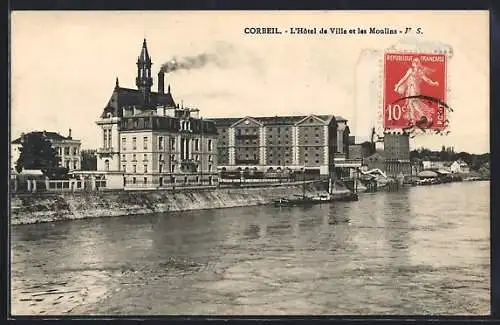 AK Corbeil, l`Hôtel de Ville et les moulins, vue d`ensemble