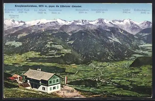 AK Kronplatzschutzhaus, Berghütte gegen die Zillertaler Gletscher