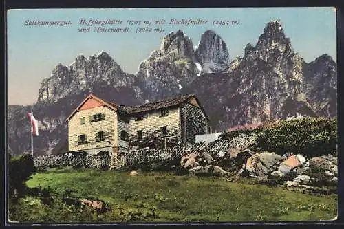 AK Hofpürglhütte, Blick auf Hütte und Bischofsmütze und Mosermandl