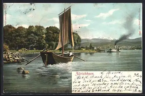 AK Zürich, Zürichhorn, Uferpartie mit Segelboot