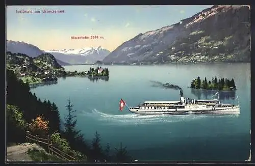 AK Iseltwald am Brienzersee, Panorama mit Niesenkette und Dampfer