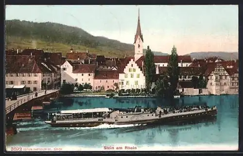 AK Stein a. Rhein, Dampfer auf dem Rhein, Teilansicht mit Kirche