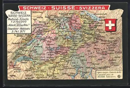 Künstler-AK Schweiz, Politische Landkarte mit Wappen