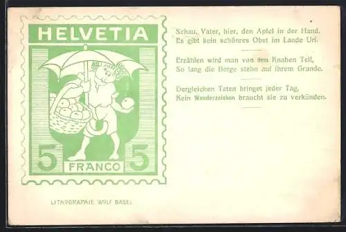 Künstler-AK Schweizer Briefmarke mit Junge und Äpfeln, Erzählen wird man von dem Knaben Tell...