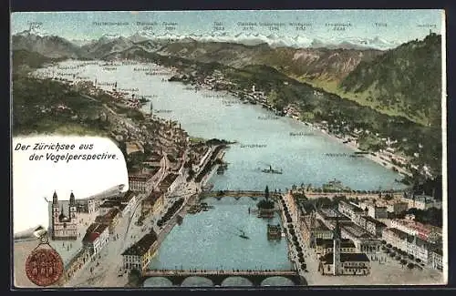 AK Zürich, Ortsanicht mit dem Zürichsee aus der Vogelschau mit Bergpanorama