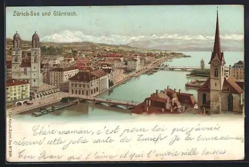 Lithographie Zürich, Zürich-See und Glärnisch