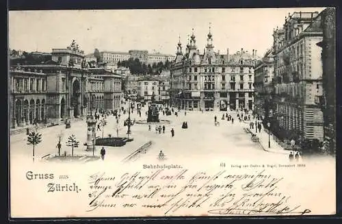 AK Zürich, Bahnhofsplatz mit Denkmal