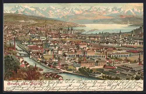 Lithographie Zürich, Gesamtansicht mit Alpenpanorama