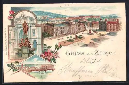 Lithographie Zürich, Escherdenkmal, Flussbrücke, Hauptplatz