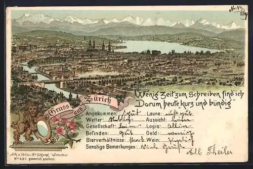 Lithographie Zürich, Gesamtansicht, Wappen und Spruch: Postkarten schreibt die ganzen Welt, Sie sparen Zeit...