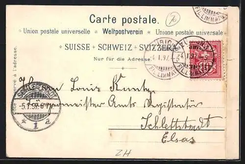 Lithographie Zürich, Gesamtansicht, Wappen und Spruch: Postkarten schreibt die ganzen Welt, Sie sparen Zeit...